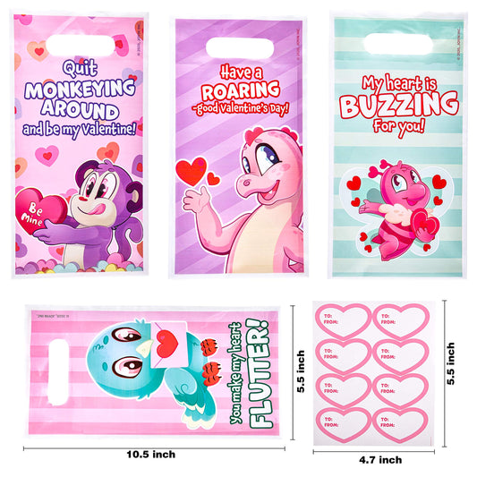 48 Pcs Valentines Day Gift Bags Valentine Goodies Bag for Kids Party Favor Supplies Valentine’s Treat Bags including To and From stickers