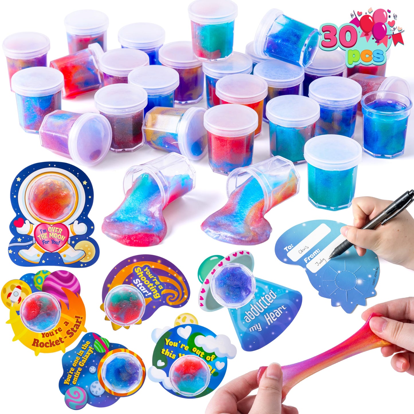 JOYFY 30Packs Valentines Galaxy Slime With Cards for Kids,Stress Relief Fidget Toy for Kids Valentines Class Exchange Cards,Valentines Party Favors