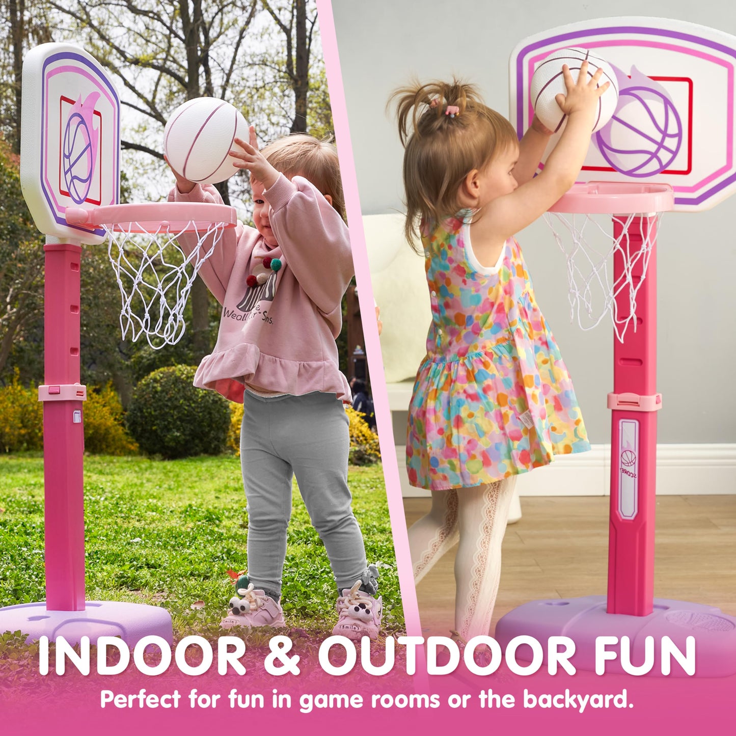 SYNCFUN Pink Basketball Hoop for Kid, Toddler Indoor Basketball Game Set, Adjustable Basketball Goal With 4 Balls for Boys Girls