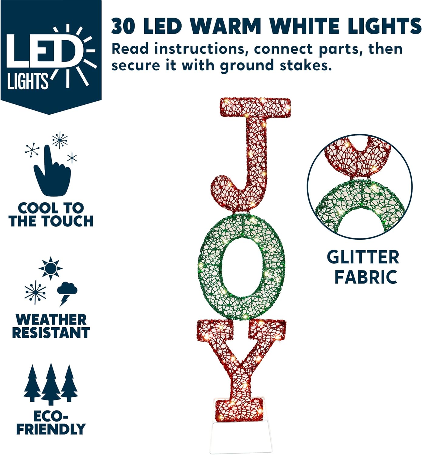 Syncfun 3 FT Joy Letters Yard Light Christmas Outdoor Decorations,30 Pre-Lit LED 2D Stacked Joy Letters Christmas Decorations,Christmas Yard Light with Stakes Decorations Outdoor Holiday Decor