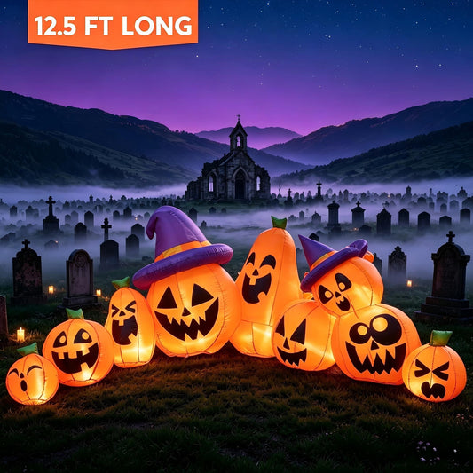 Joyfy 12.5 FT Halloween Inflatable Long Pumpkin with Witch Hat Decorations Inflatables with Build-in LEDs,Halloween Decor Outdoor Blow Up Yard Decorations
