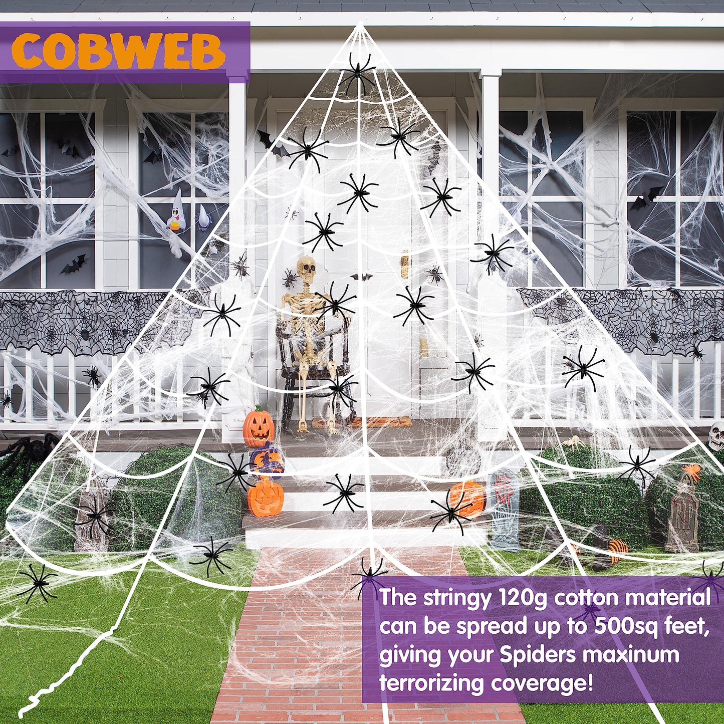 JOYIN Halloween Huge Triangular White Spider Web with 24 Spiders and 120g Super Stretch Cobweb Outdoor Decorations for Outdoor Halloween Decor Yard