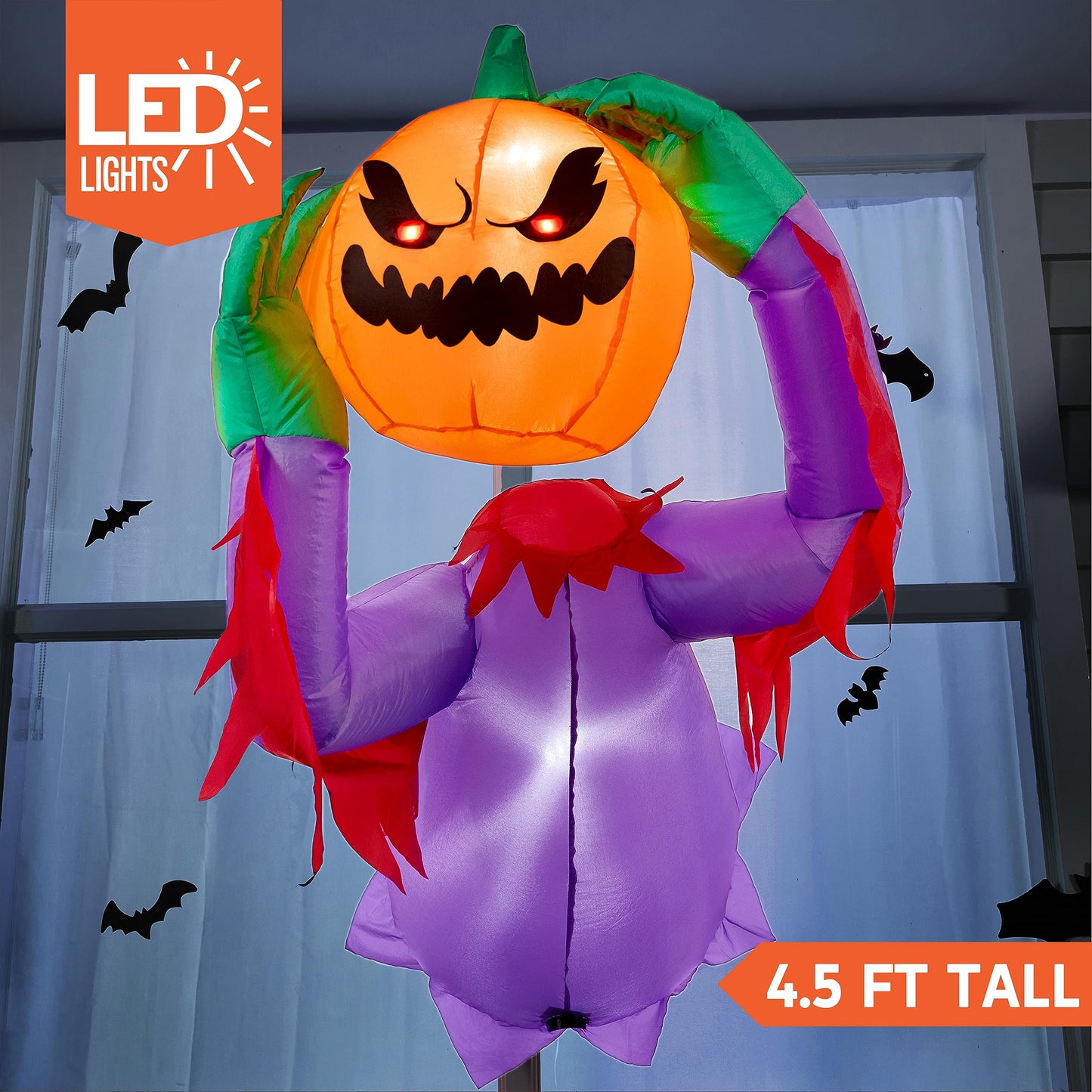 SYNCFUN 4.5 FT Halloween Inflatable Pumpkin Ghost Broke Out from Window with Built-in LED and Red Eyes Blow Up Inflatable for Window Decoration Yard Garden Lawn Decor