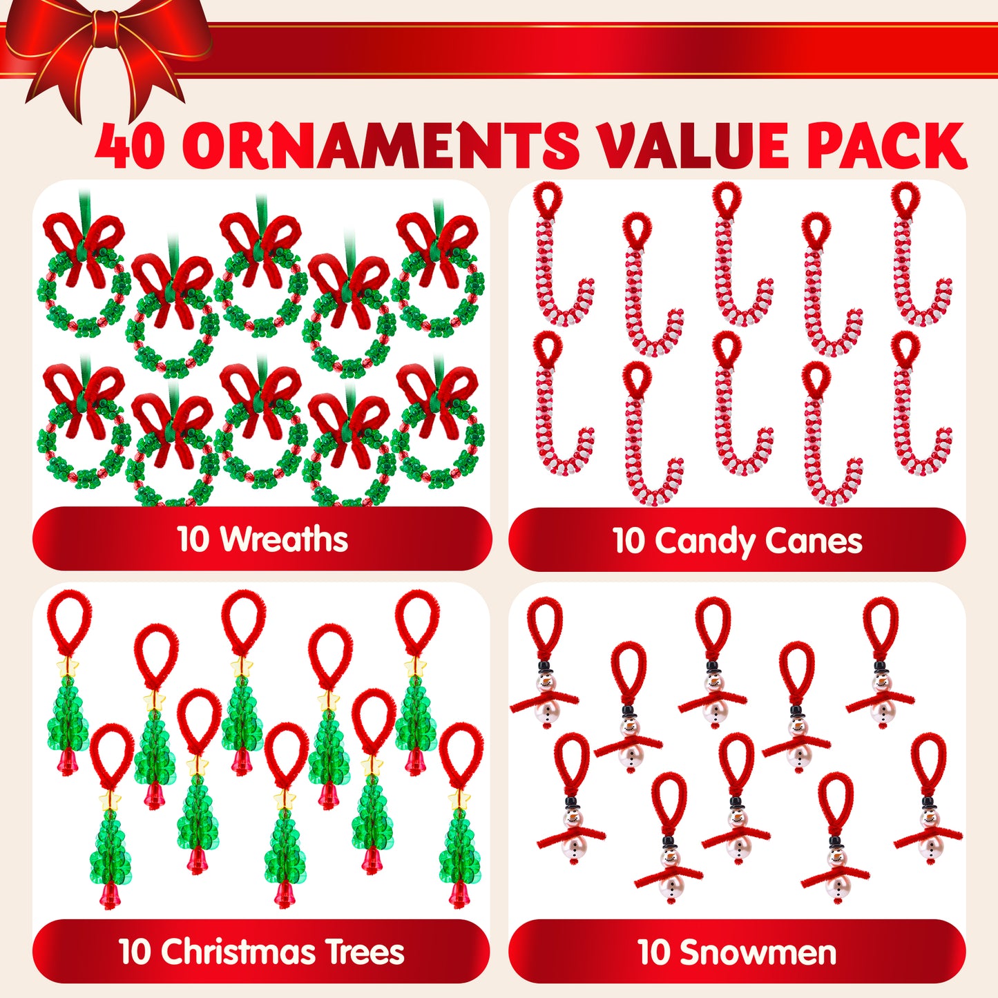 Joyfy Christmas Beaded Ornament Craft, Make up to 40 Hanging Ornaments of Snowman, Xmas Tree,Candy Canes and Wreaths for DIY Xmas Ornaments Craft(Age 14+)