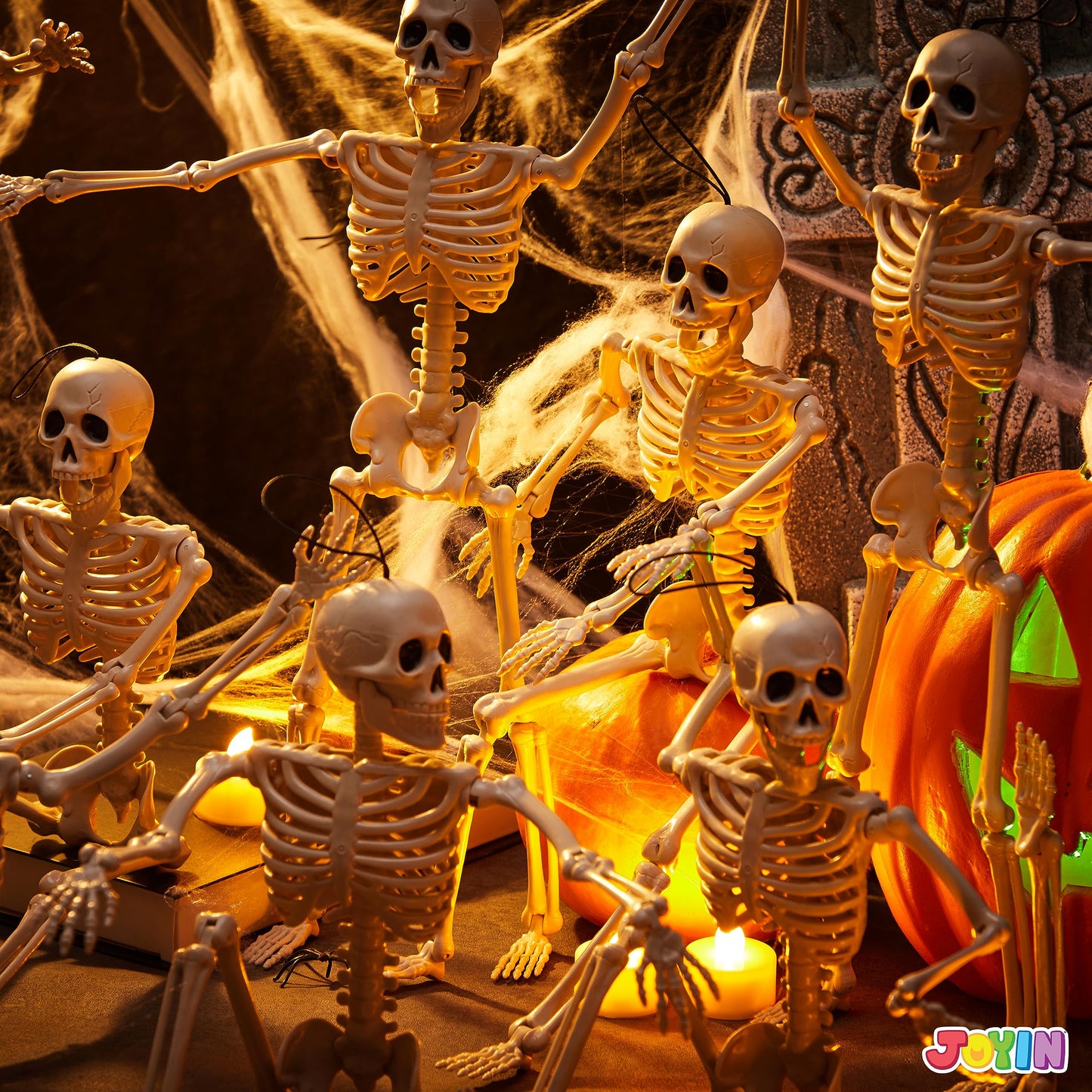 Joyfy 10 Pcs Skeleton Halloween Decorations,16 Inch Full Body Poseable Skeleton with Movable Joints for Halloween Indoor Outdoor Party,Graveyard,Haunted House Accessories