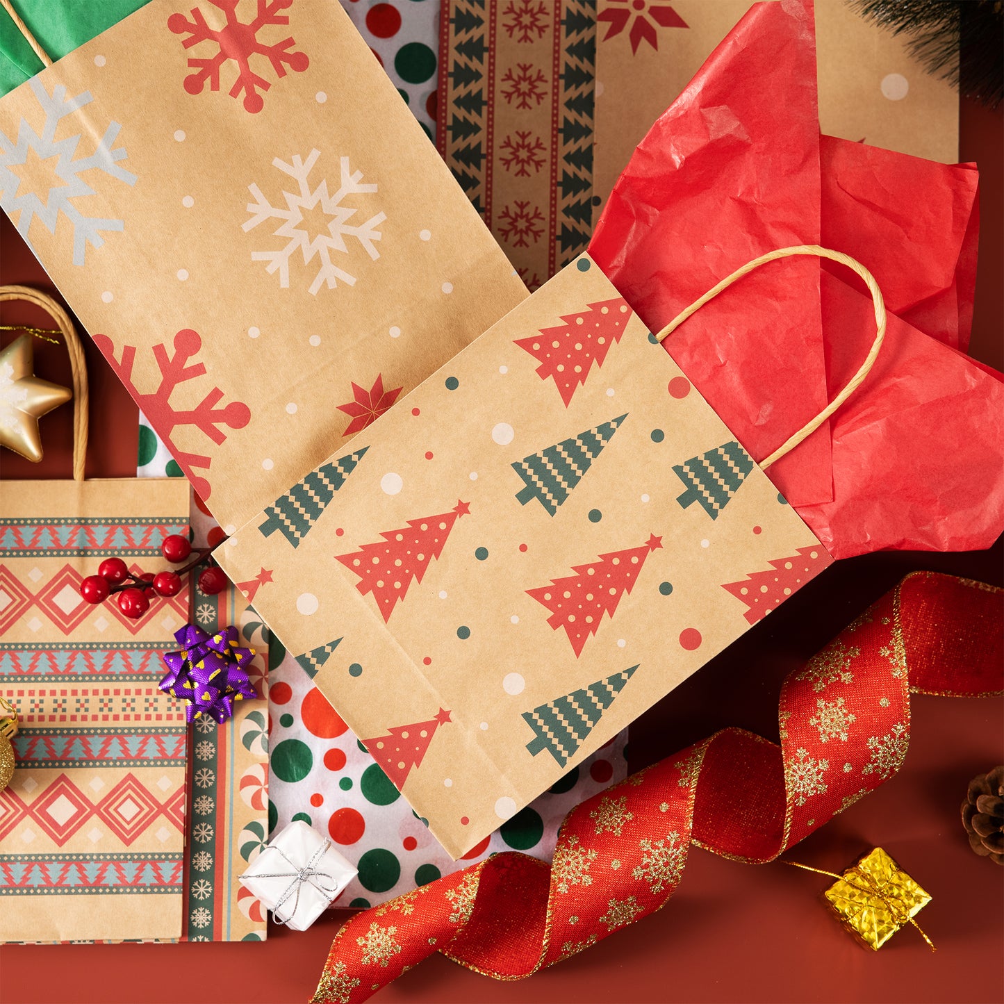 Joyfy 24 Pcs Christmas Kraft Gift Bags With Handle for Holiday Paper Gift Bags, Christmas Goody Bags, Xmas Gift Bags, School Classrooms Party Favors Supplies
