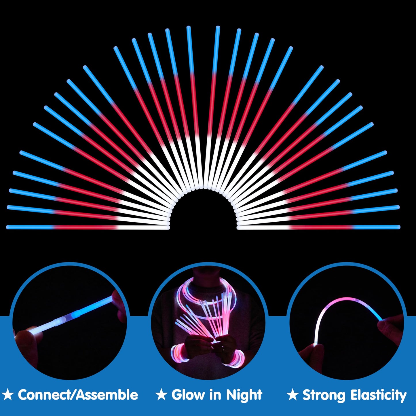 72 July 4th glow sticks, loose, with connectors, red, white, and blue glow sticks, children's and adult glow bracelets and necklaces