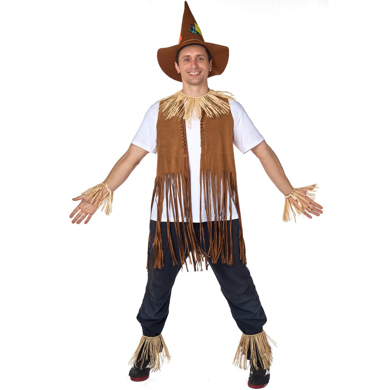 Joyfy 6 Pcs Halloween Scarecrow Costume Set,Scarecrow Costume Accessories Decoration with Scarecrow Hat and Scarecrow Skirt Raffia Neck Foot Hand Straws for Party Accessory Halloween Decoration