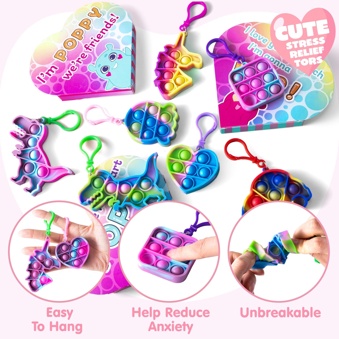 48pcs Valentines Day Cards with Pop Fidget Keychain Toys, Stress Relief Fidget for Kids with Heart Boxes, Valentines School Class Exchange Gifts Party Favors