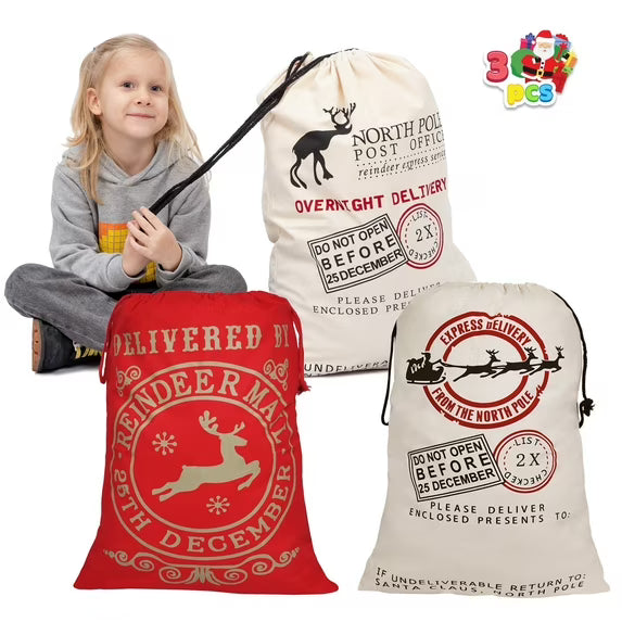 Joyfy 3 Pcs Santa Burlap Sack Christmas Gift Bags with Drawstring 26" x 19" for Large Xmas Package Storage, Event Party Supplies, Christmas Party Favors