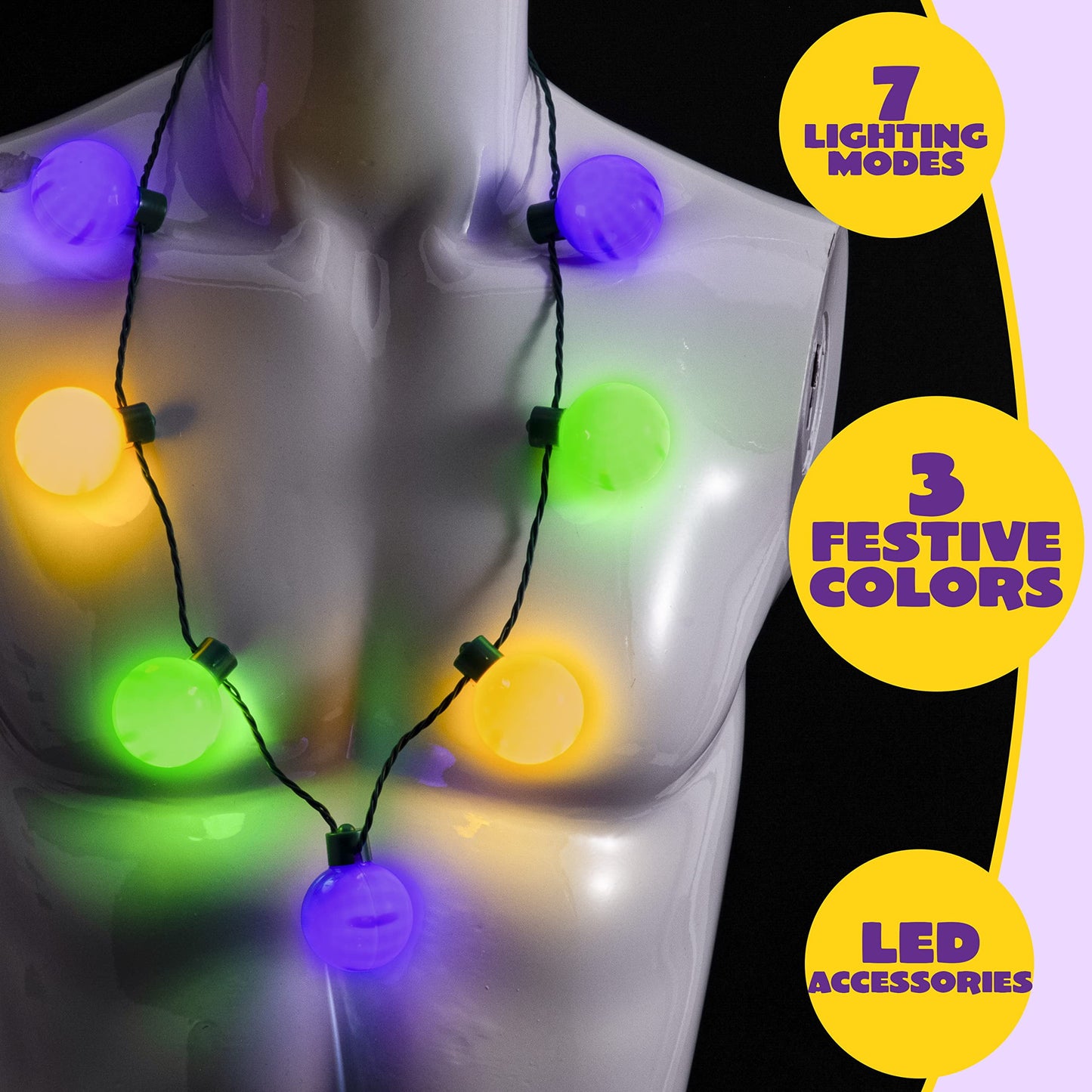 3 carnival LED light bulb necklaces, purple, green, gold LED luminous necklaces, 6 lighting modes