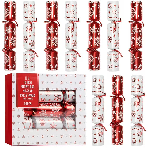 Joyfy 10" Christmas Crackers Party Table Favor, 10 Pcs No Snap Red & White Snowflake Design Gift for Xmas
