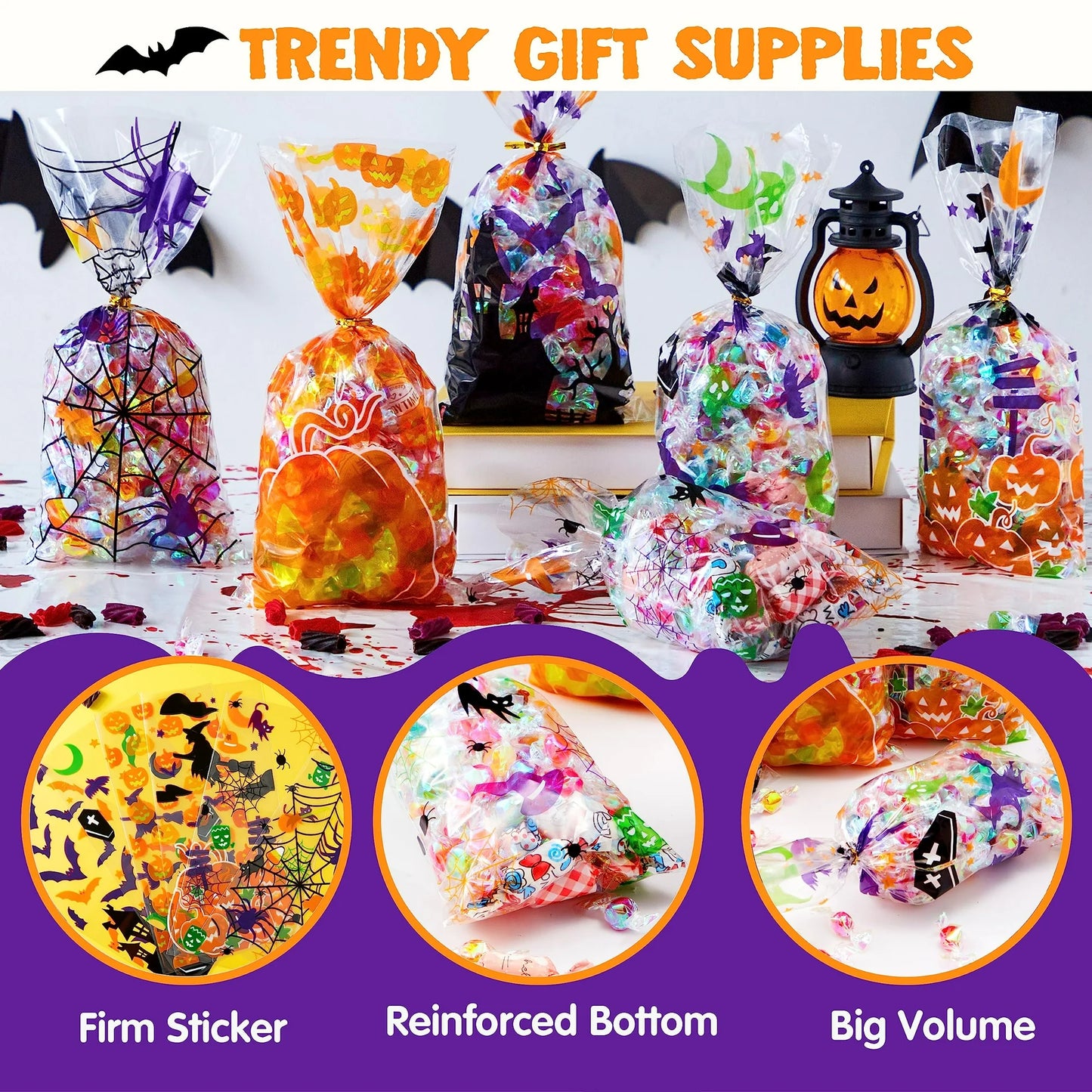 150 Pcs Halloween Treat Bags Clear Cellophane Bags with Twist Ties,Goodie Bags for Snack Cookie Candy,Halloween Gift Trick or Treat Bags,Halloween Party Supplies