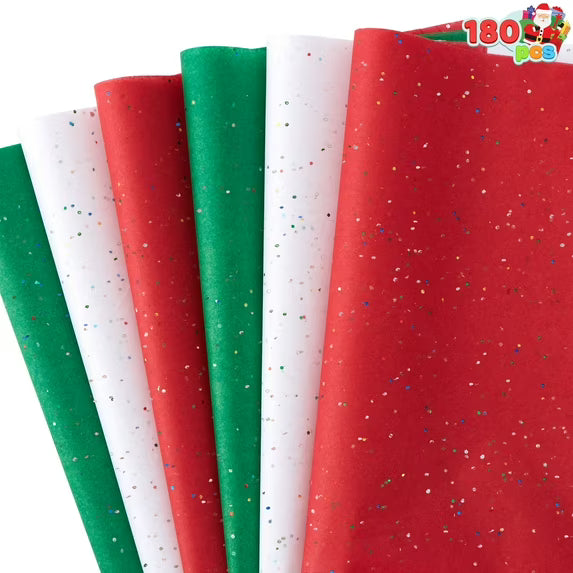 Joyfy 180 Sheets Glitter Tissue Paper(Red Green White) 20''x20" Christmas Wrapping Paper for Holiday Wrapping Craft Decoration