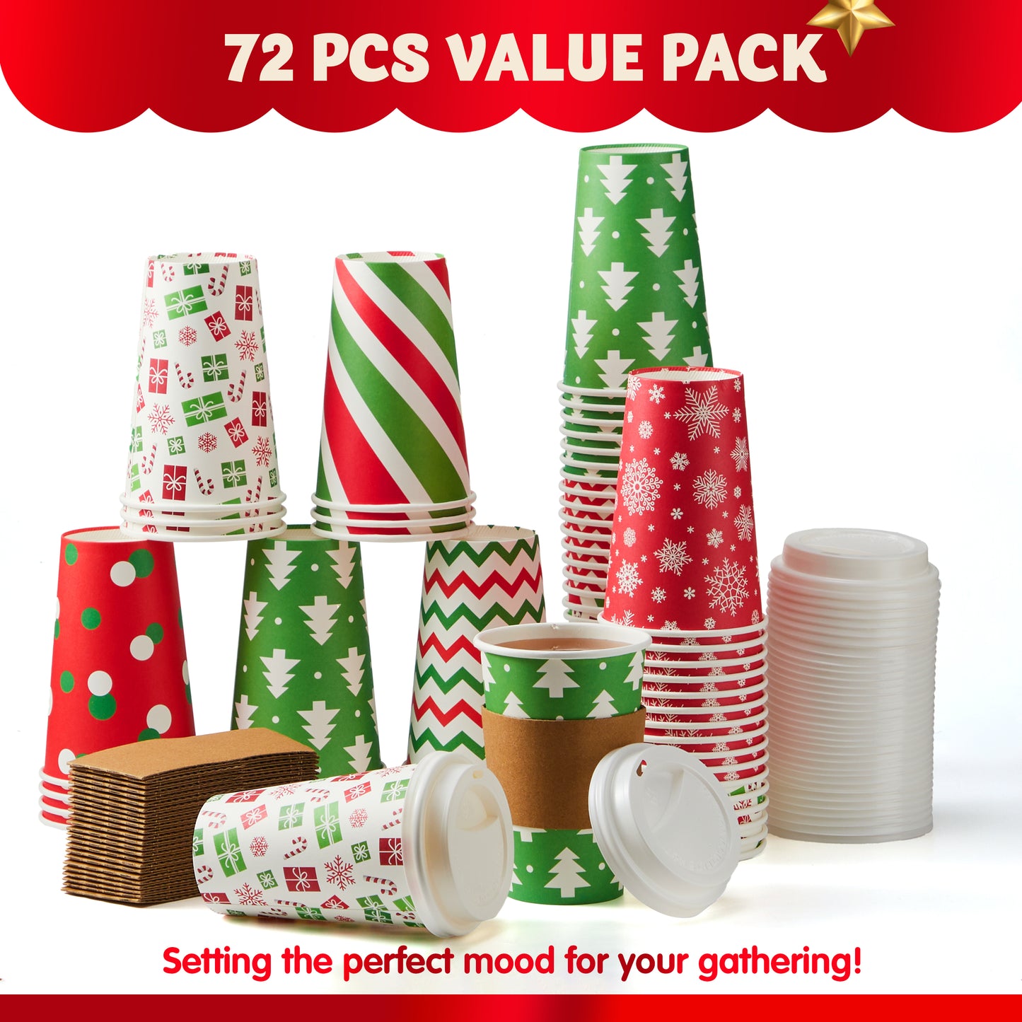 Joyfy 72 Pcs Christmas Disposable Paper Cups, 16 oz Xmas Dinnerware Cups With Cup Sleeves and Lids, 6 Designs Hot/Cold Beverages Tableware for Holiday Party Supplies