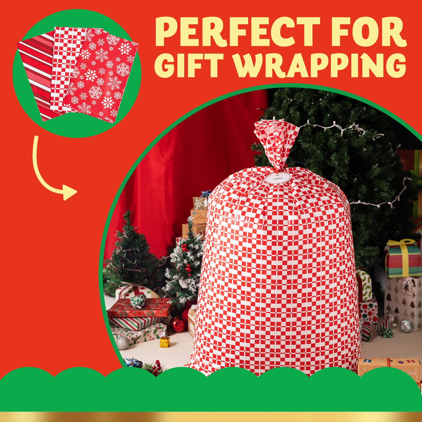 Joyfy 3 Pcs Jumbo Christmas Gift Bags, 56”x36” Red Xmas Large Plastic Gift Bags with Tags for Santa Parties Supplies, Gift Wrapping