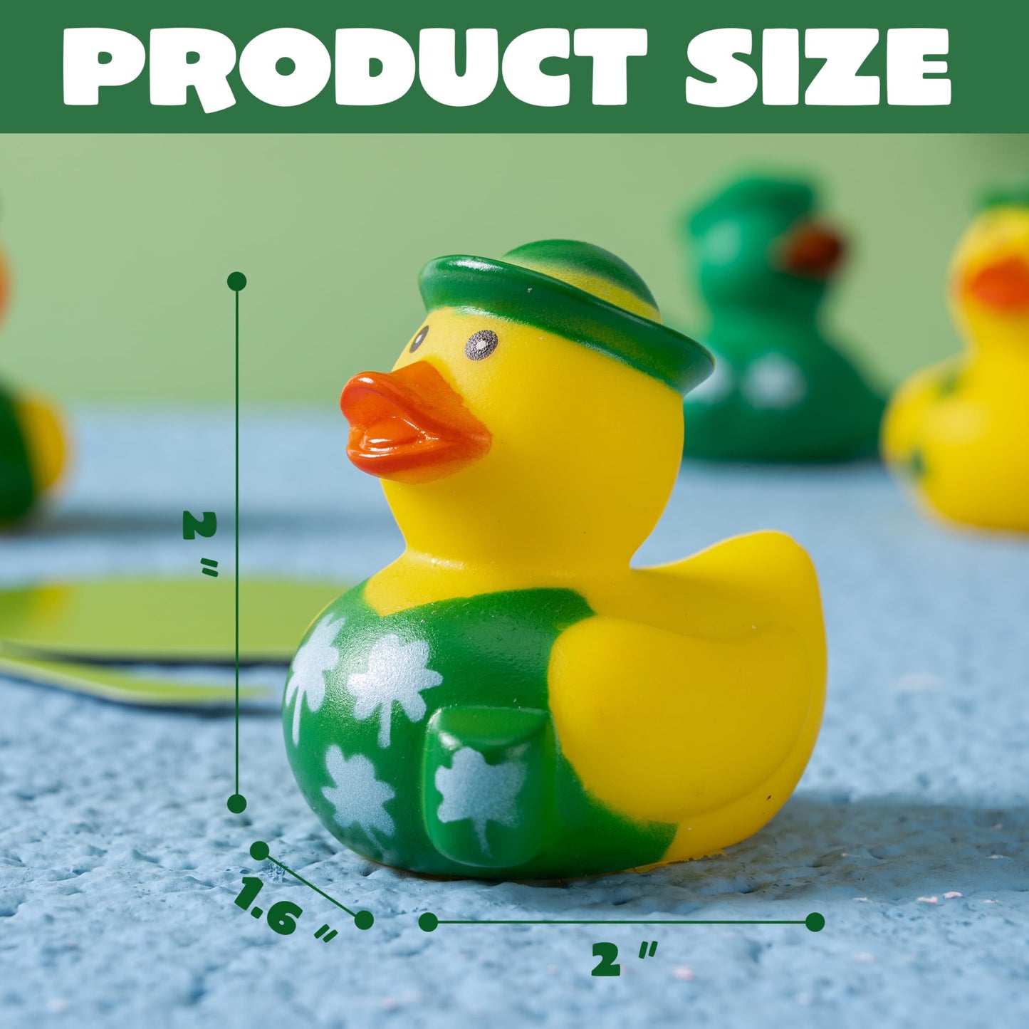 24 St. Patrick's rubber ducks, lucky ducks with St. Patrick's Day green rubber duck hats and clover patterns