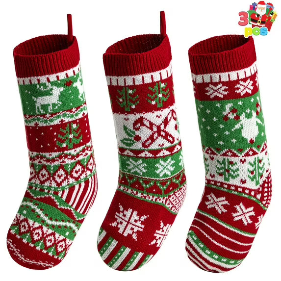 Joyfy 3 Pcs 18" Knit Christmas Stockings, Large Rustic Cable Knit Xmas Stocking in Red & Green for Family Holiday Season Decorations