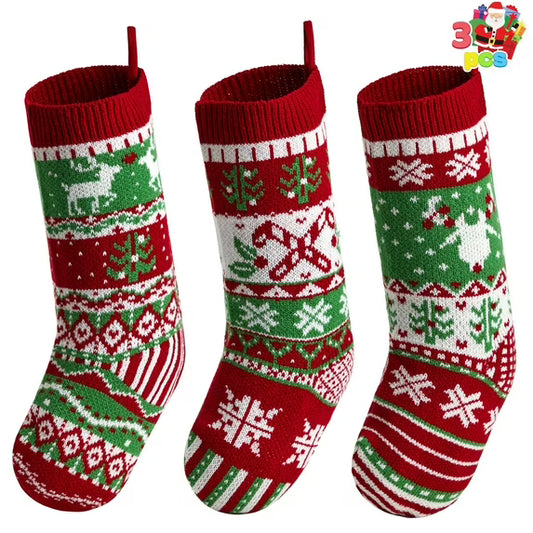 Joyfy 3 Pcs 18" Knit Christmas Stockings, Large Rustic Cable Knit Xmas Stocking in Red & Green for Family Holiday Season Decorations