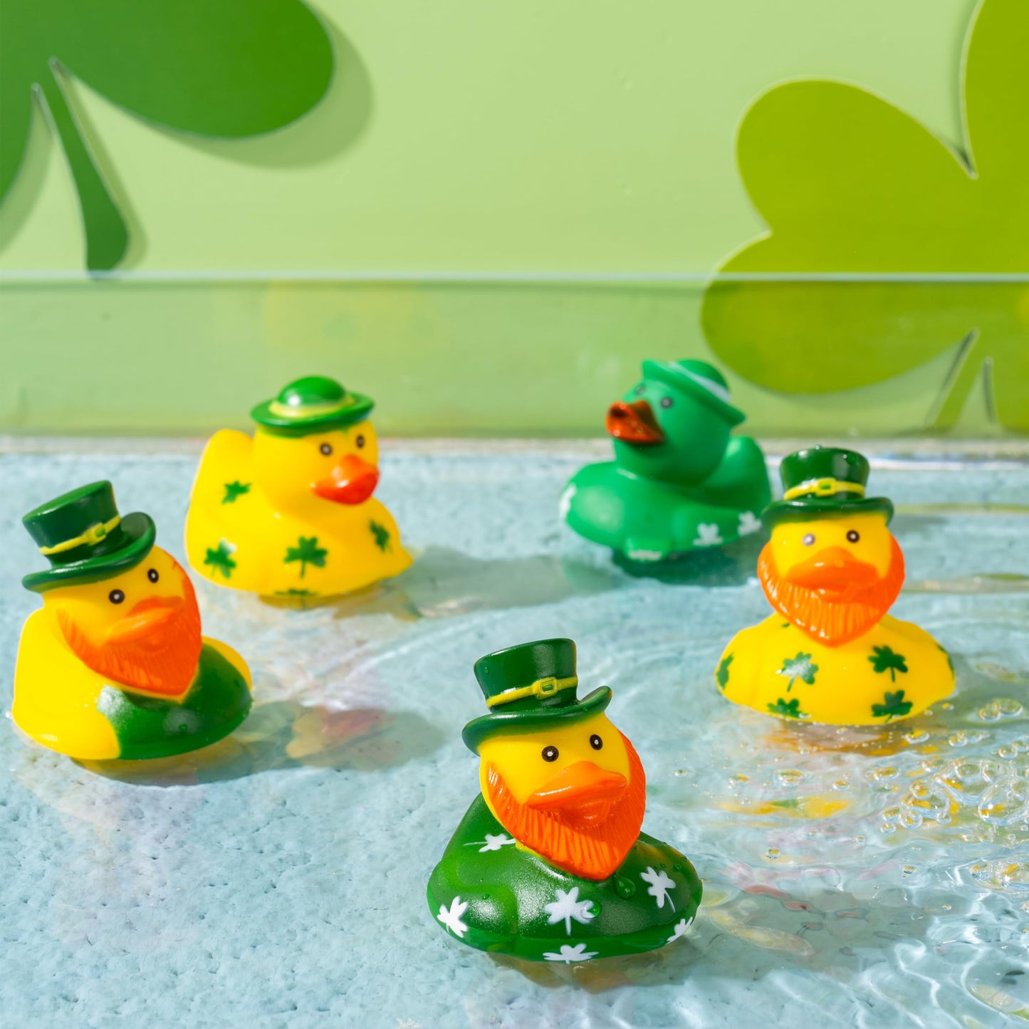24 St. Patrick's rubber ducks, lucky ducks with St. Patrick's Day green rubber duck hats and clover patterns