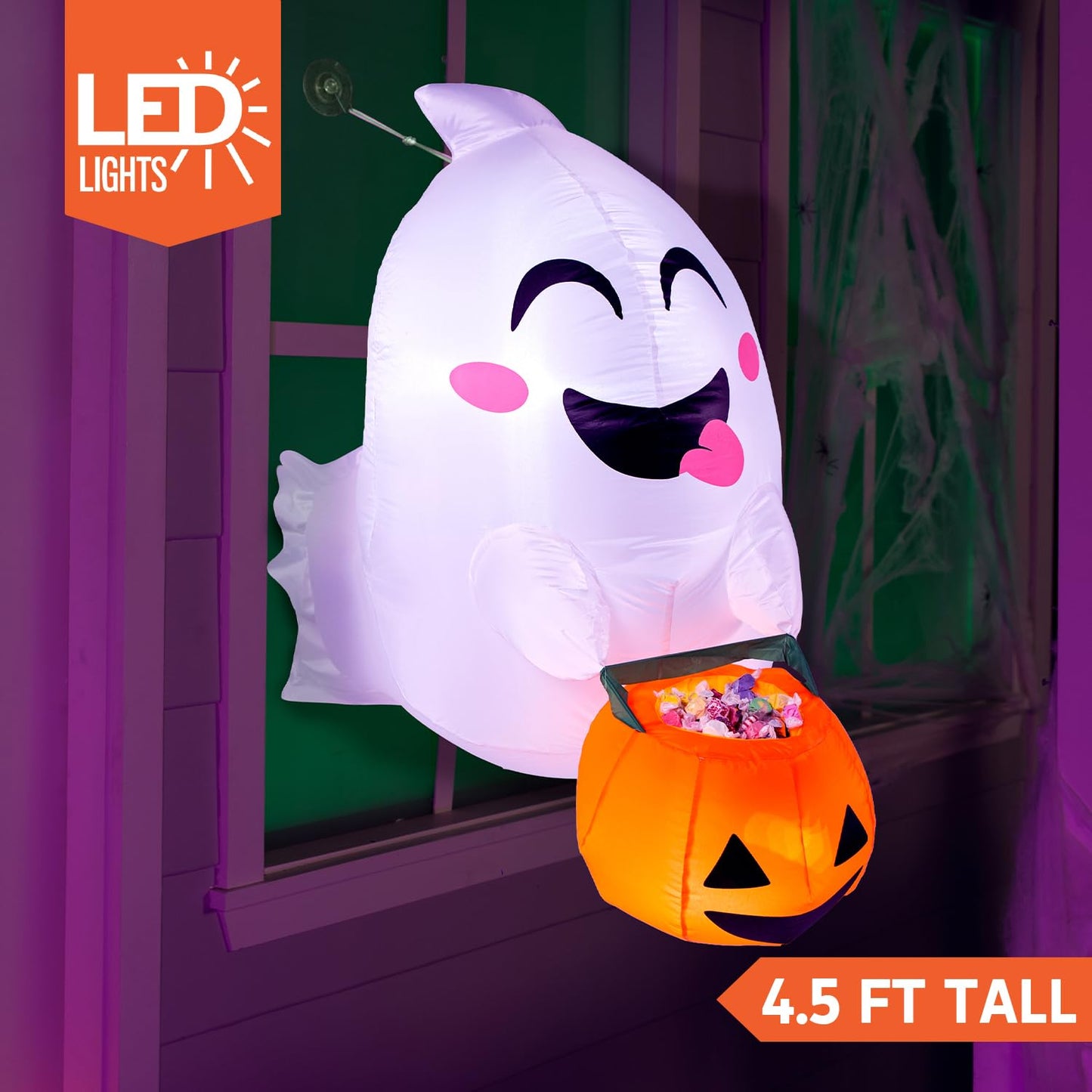 SYNCFUN 4.5 FT Halloween Inflatable Outdoor Cute Flying Ghost with Pumpkin Candy Basket Broke Out from Window with Built-in LED Blow Up Inflatable for Window Decoration Yard