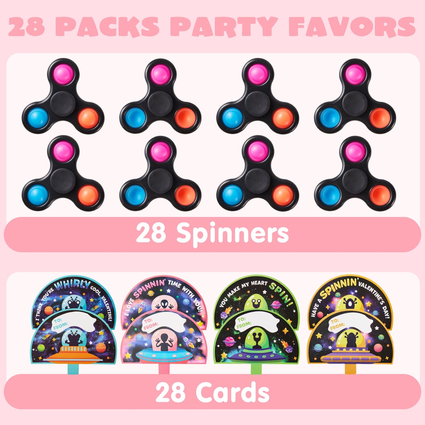 56 Pcs Valentines Toys Set (28 Spinners and 28 Cards), Valentines Day Cards with Fidget Spinner for Kids Adult, Stress Relief Hand Finger Spinner Fidget Toy for Valentines Exchange Cards Gifts