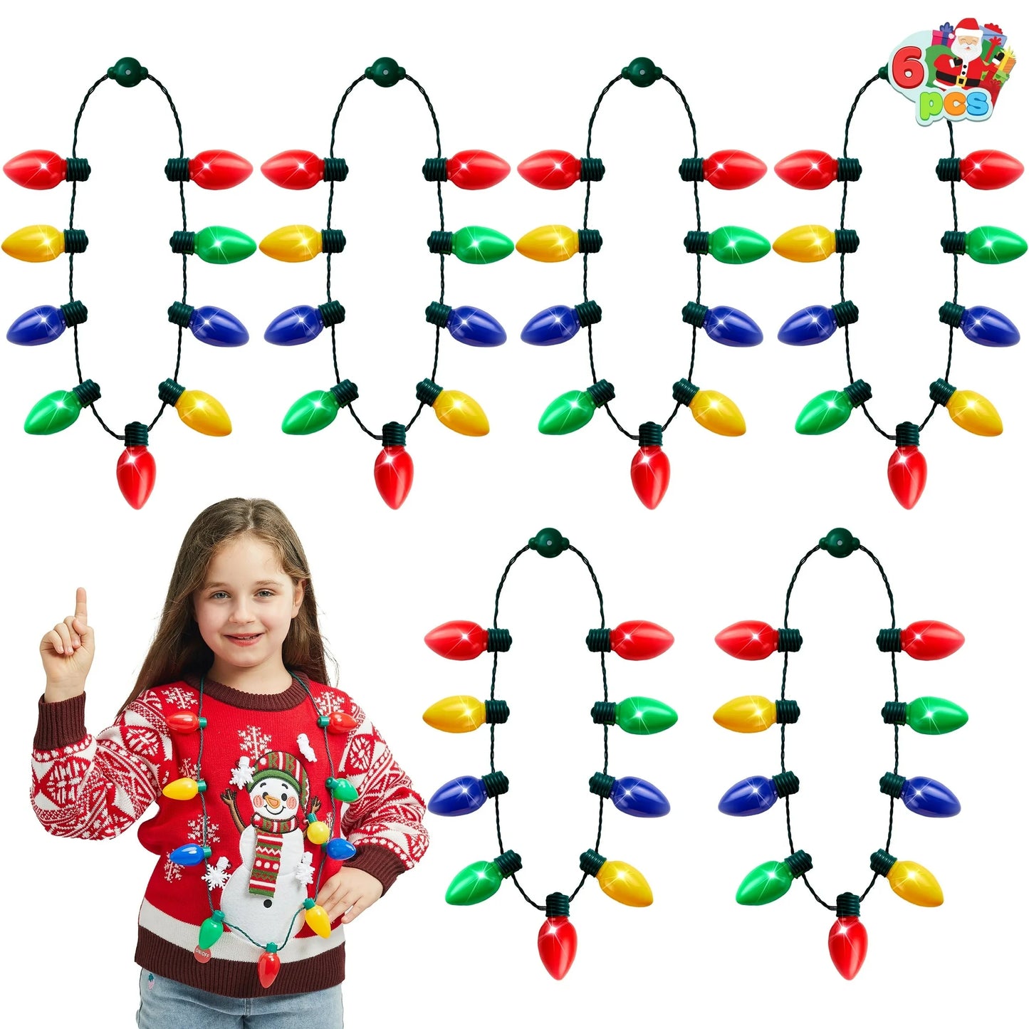 Joyfy 6 Pcs Christmas LED Light up Bulb Necklaces 9 Bulbs LED Necklaces Holiday Costume Accessories for Christmas Xmas Party Favor Party Supplies