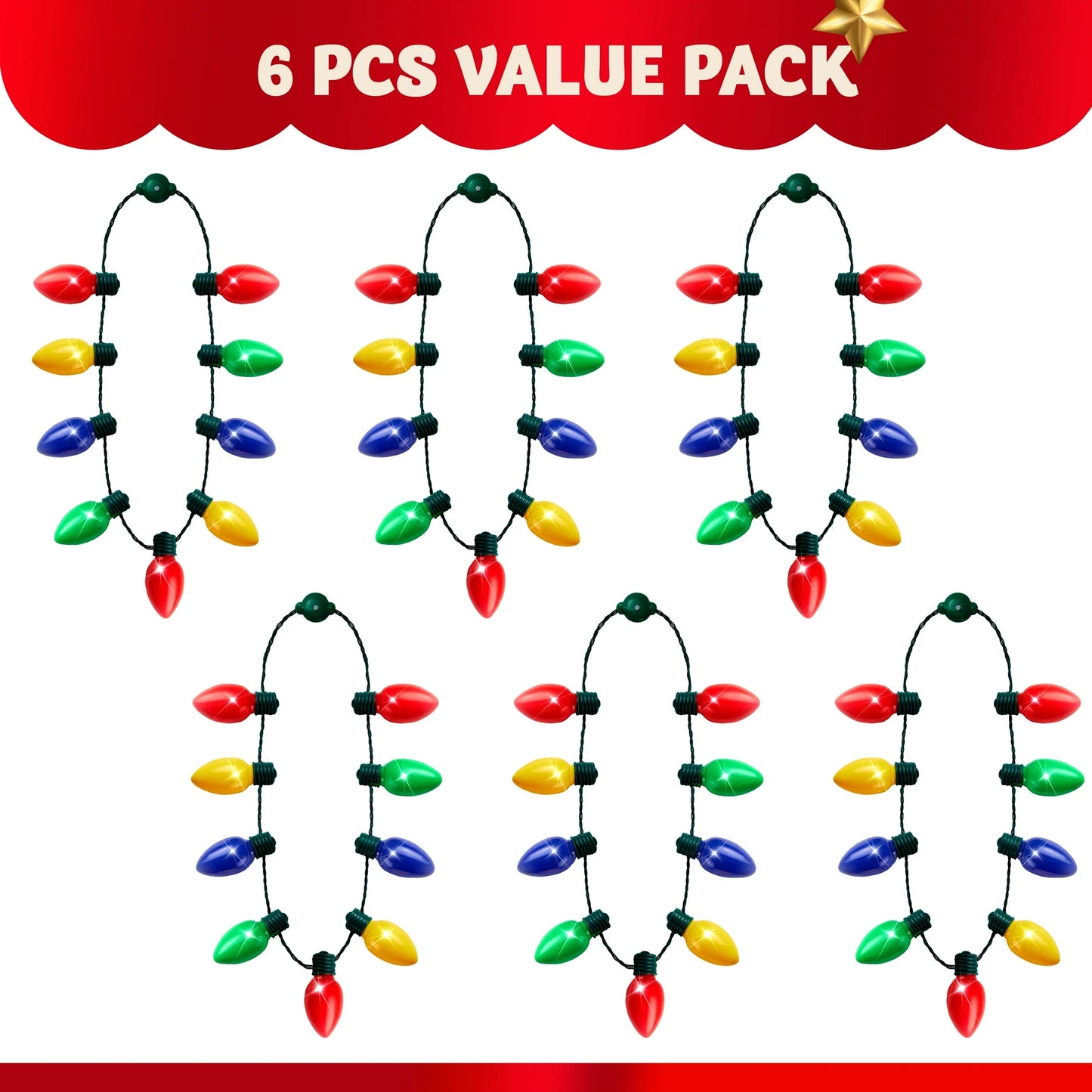 Joyfy 6 Pcs Christmas LED Light up Bulb Necklaces 9 Bulbs LED Necklaces Holiday Costume Accessories for Christmas Xmas Party Favor Party Supplies