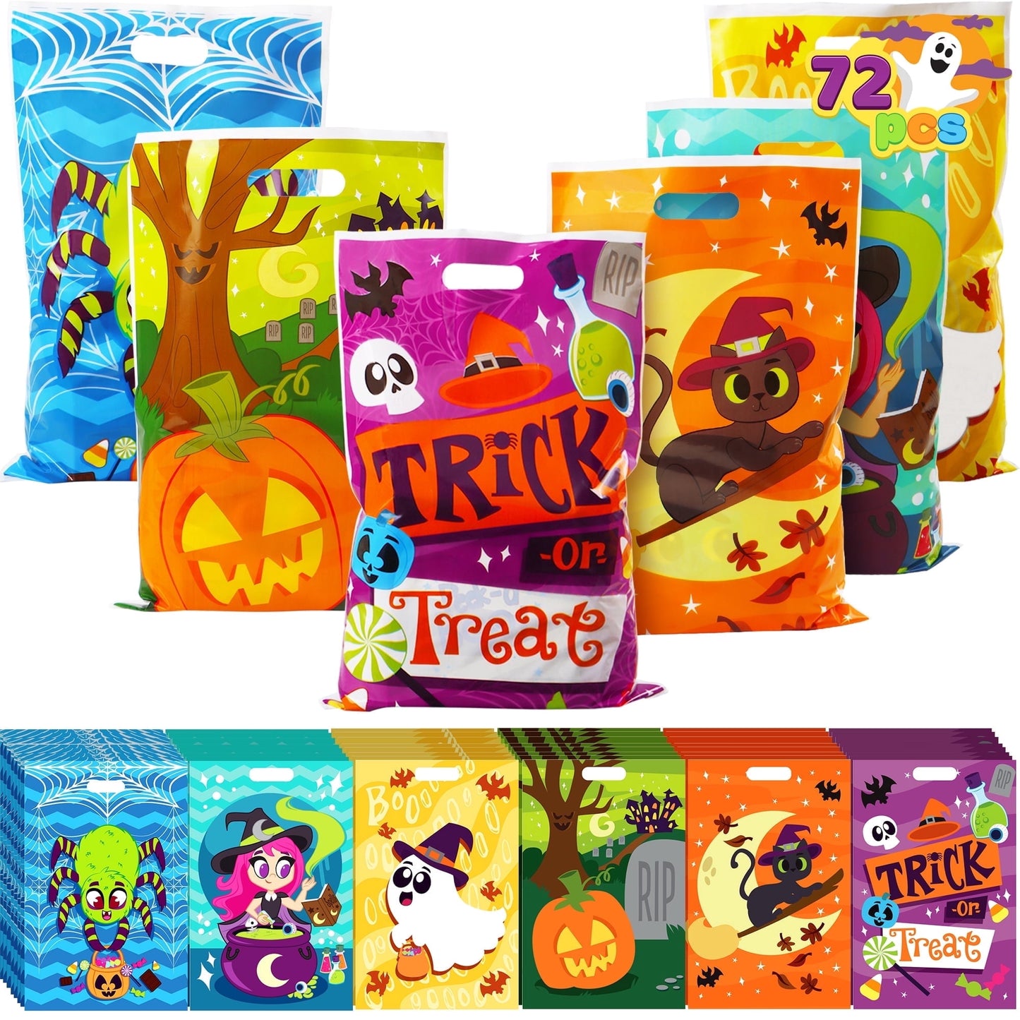 Joyfy 72 Pcs Halloween Treat Bags Goodie Bags Plastic Halloween Candy Bags Trick or Treat Creepy Designs Halloween Bags for Kids Trick or Treat,Classroom Goody Bags