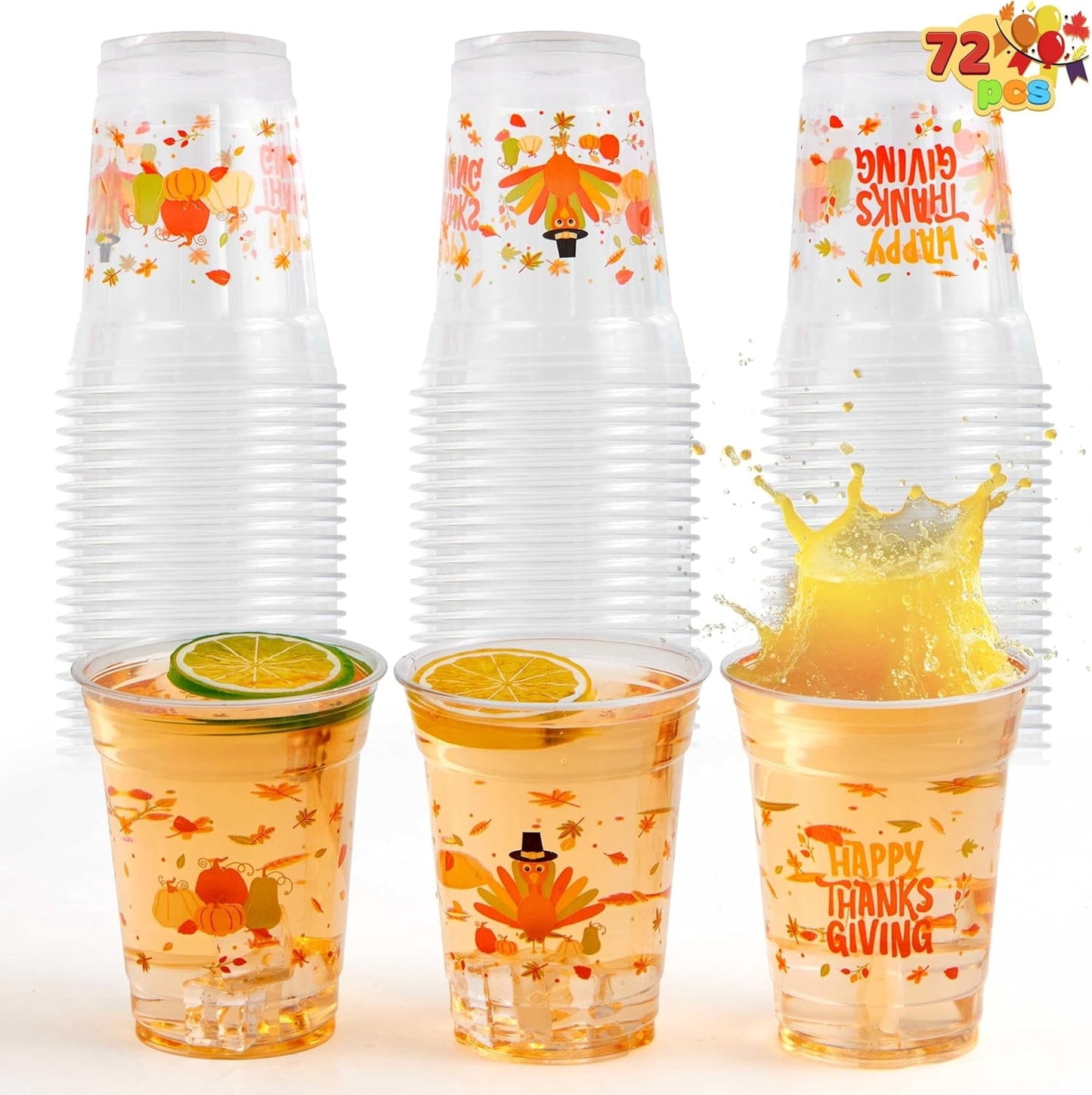 Joyfy 36 Pcs Thanksgiving Plastic Cups, 12oz Clear Pumpkin and Maple Leaf Pattern Cups, Thanksgiving Party Supplies Drinking Cups, Fall Party Favor Decor