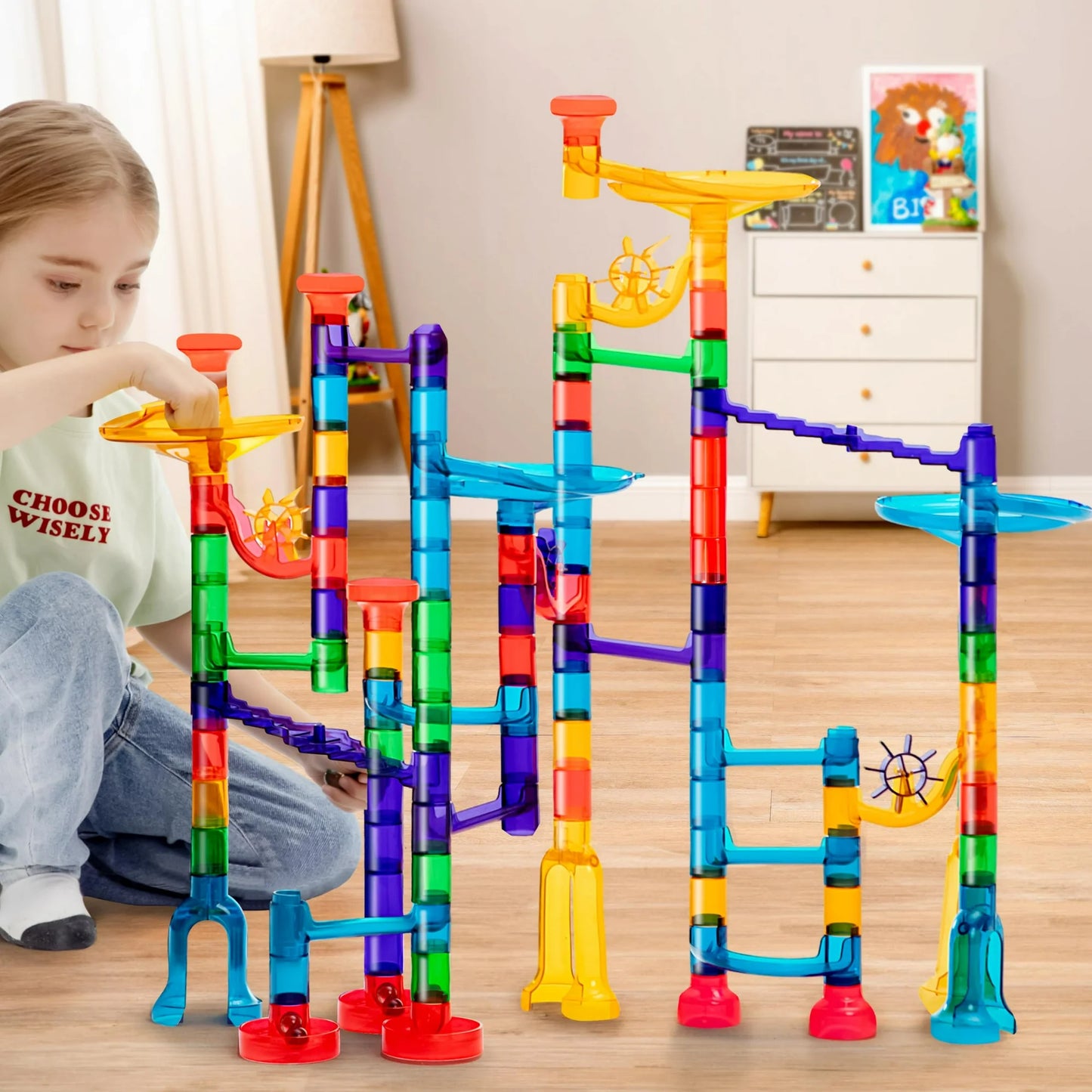 SYNCFUN 150 Pcs Glowing Marble Run, Construction Building Blocks Toys with 5 Glow in The Dark Glass Marbles, Birthday Easter Gift for Boys & Girls