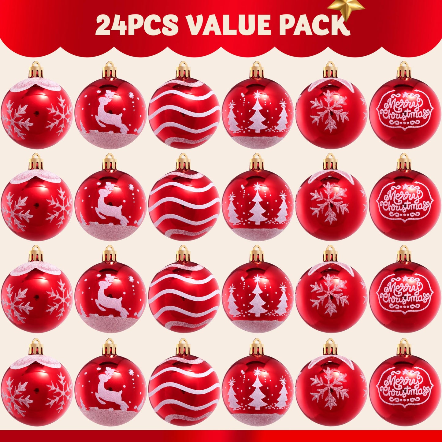 SYNCFUN 24 Pcs Christmas Ball Ornaments 2.3" Painting & Glittering Shatterproof Christmas Ornaments for Holidays, Party Decoration, Tree Ornaments, and Special Events (Red&White)