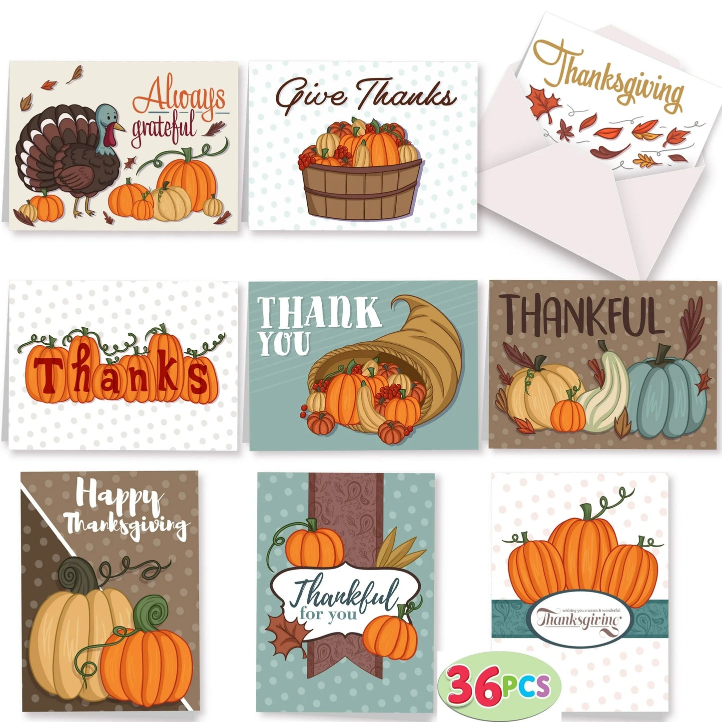 Joyfy 36Pcs Pumpkin Thanksgiving Greeting Gift Cards for Fall Theme Party Supplies