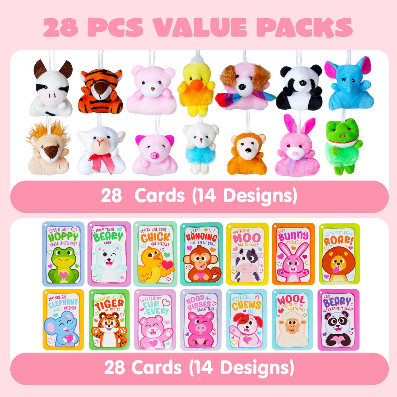 28 pieces, Valentine's Day Mini Stuffed Animals with Cards