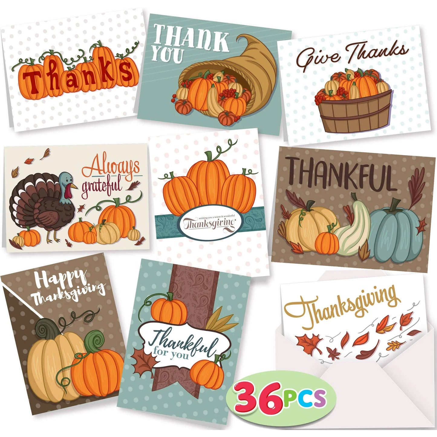 Joyfy 36Pcs Pumpkin Thanksgiving Greeting Gift Cards for Fall Theme Party Supplies