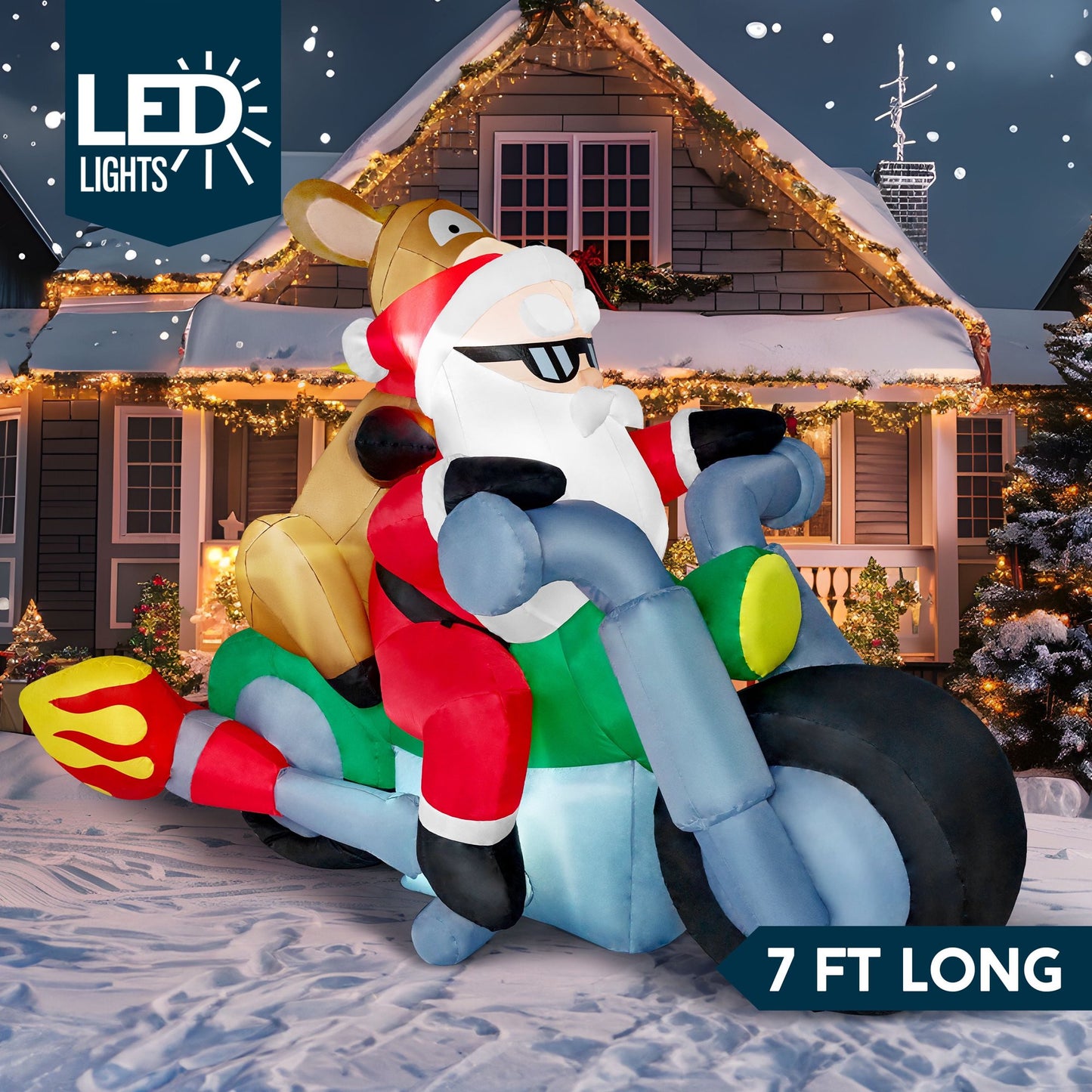 Joyfy 7 ft Christmas Inflatables Santa Riding Motorcycle with Reindeer Outdoor Decorations,Christmas Santa Reindeer Blow Ups Yard with Built-in LEDs for Holiday Party Garden Lawn Decor