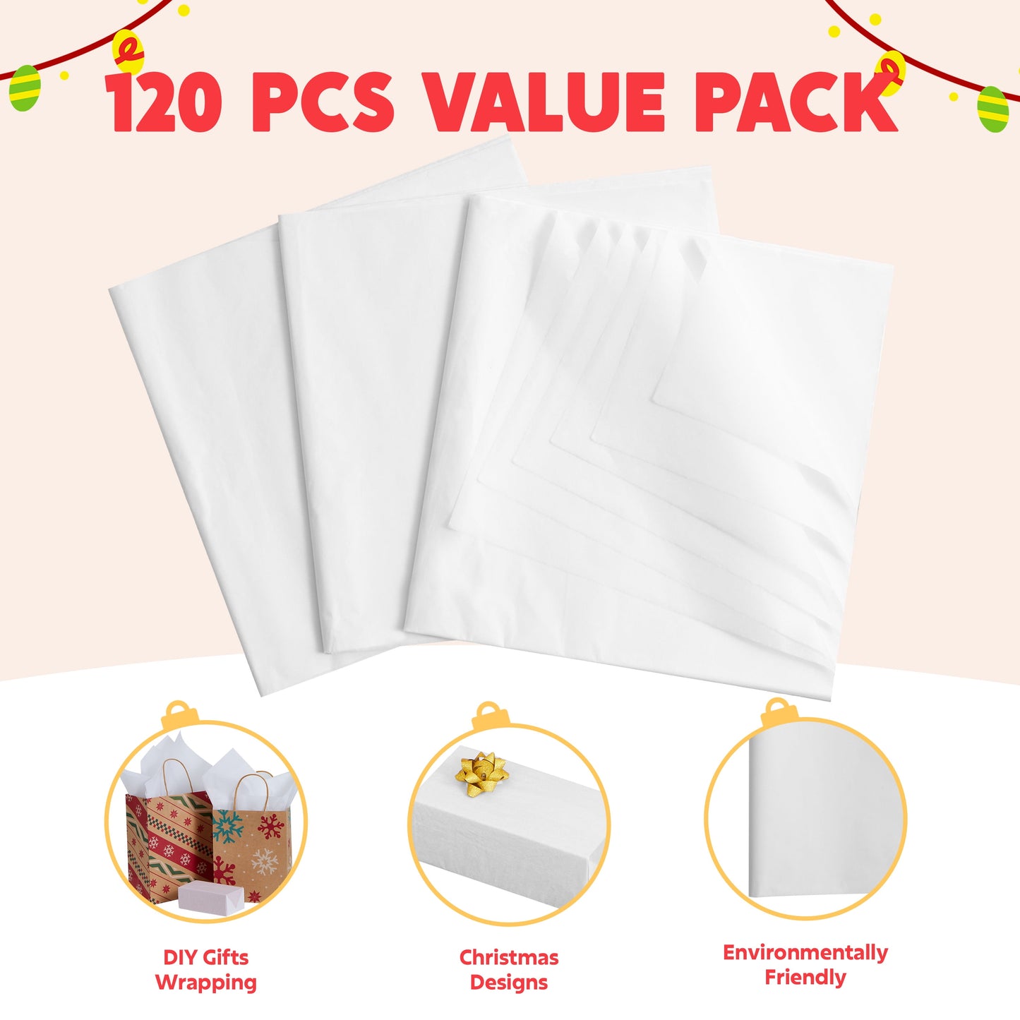 Joyfy 120 Sheets White Tissue Paper 20” x 20” Wrapping Accessory for Gift Wrap Christmas, Packing, DIY Arts & Crafts, Party Supplies and Wine Bottles
