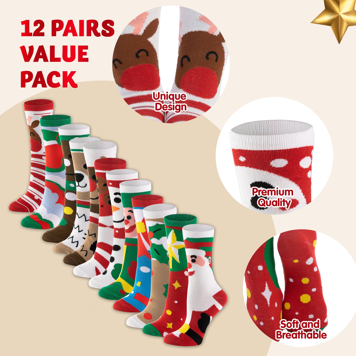 Joyfy 12 Pairs Christmas Socks for Women,Fuzzy Crazy Novelty Christmas Socks,Holiday Christmas Stocking Stuffers for Women,Christmas Gift