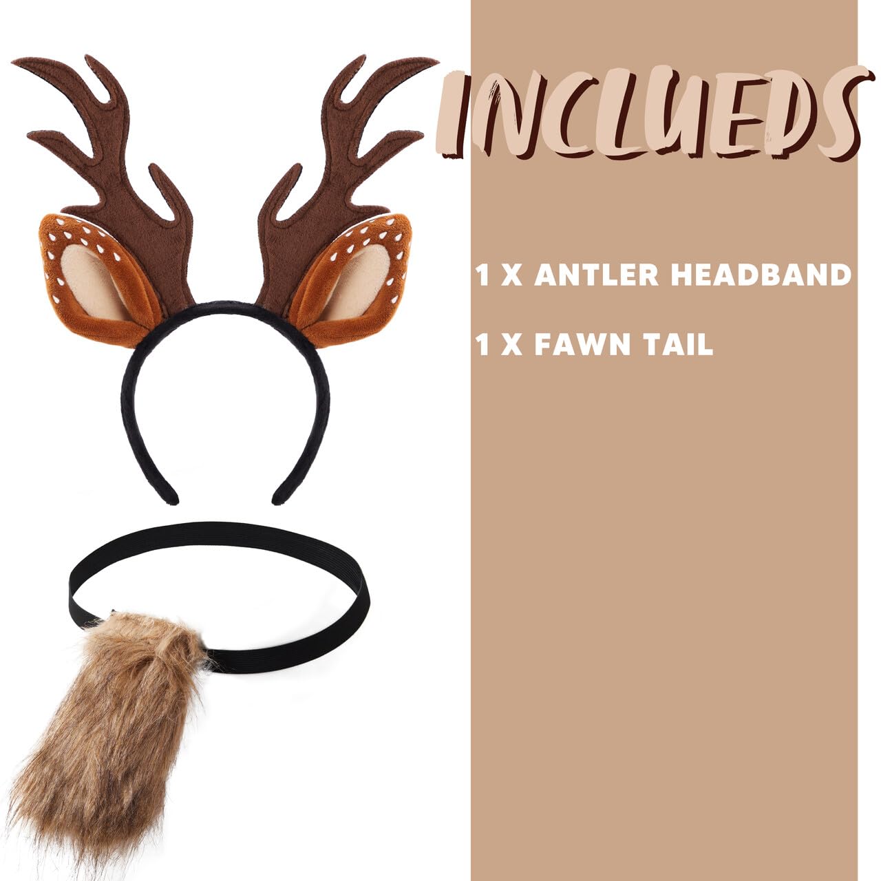 Joyfy Halloween Deer Headband,Antler Headband Reindeer with Fawn Tail for Girls Women,Halloween Party Props Cosplay Accessories