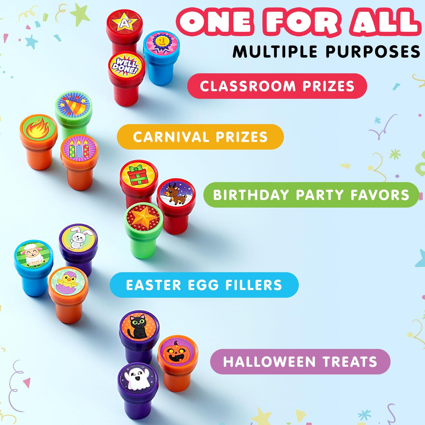Joyfy 50 Pcs Assorted Stamps for Kids, Self-Ink Stamps with 50 Designs for Birthday Party Favor, Carnival Prizes, School Stampers, Goodie Bag, Halloween, Christmas