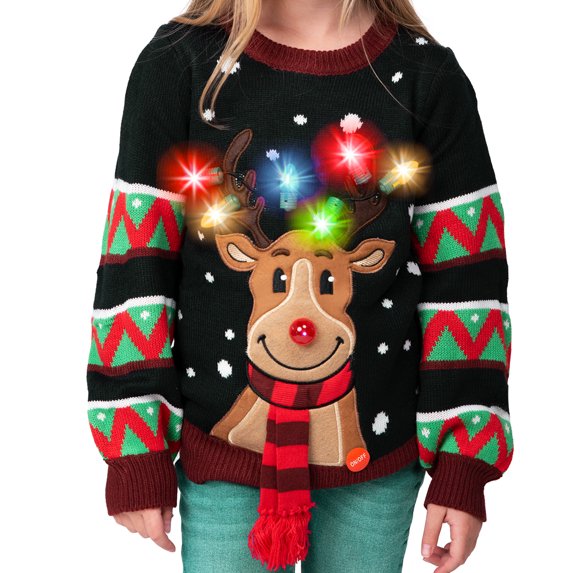Joyfy Children Christmas Ugly Sweater LED Light-up Reindeer Christmas Sweater Built-in Light Bulb for Boys and Girls Black, Large