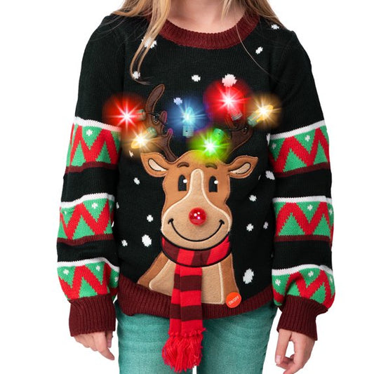 Joyfy Children's Christmas Ugly Sweater LED Light-up Reindeer Christmas Sweater Built-in Light Bulb for Boys and Girls (Black, Large)