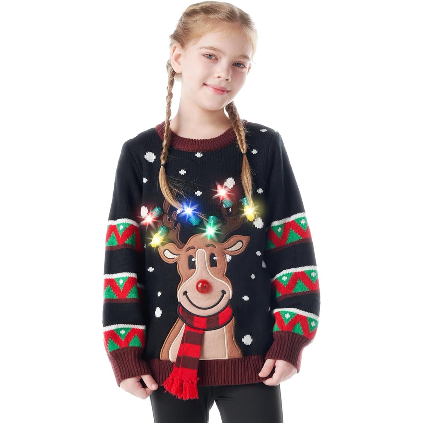 Joyfy Children Christmas Ugly Sweater LED Light-up Reindeer Christmas Sweater Built-in Light Bulb for Boys and Girls Black, Large