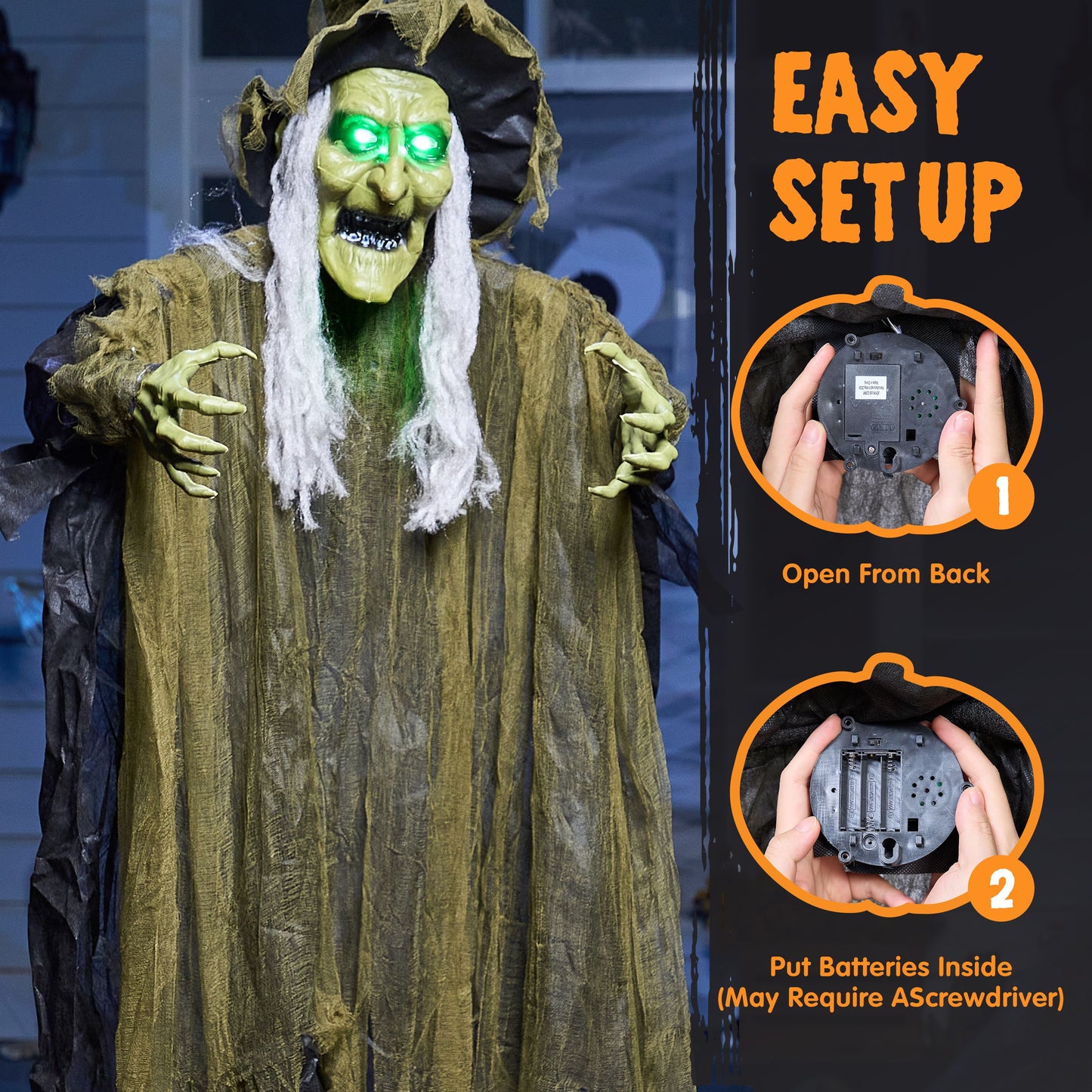Syncfun 67 Inch Animated Halloween Witch Decoration,Outdoor Brown Ragged Robe Green Face Witch with Light and Sound Decoration for Halloween Outdoor Decor