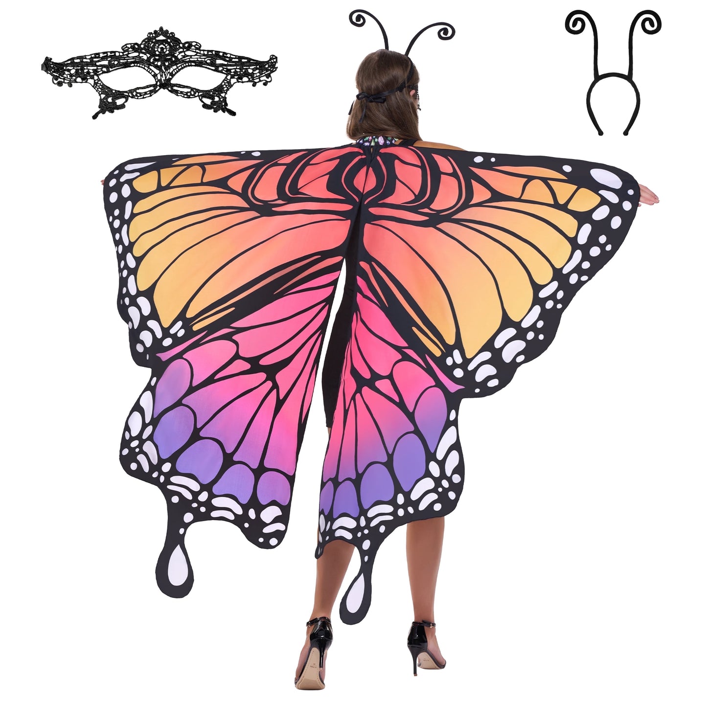 Joyfy Butterfly Wing Costume for Women - Halloween Butterfly Wing Cape Shawl with Lace Mask and Black Velvet Antenna Headband for Adult Party Dress Up