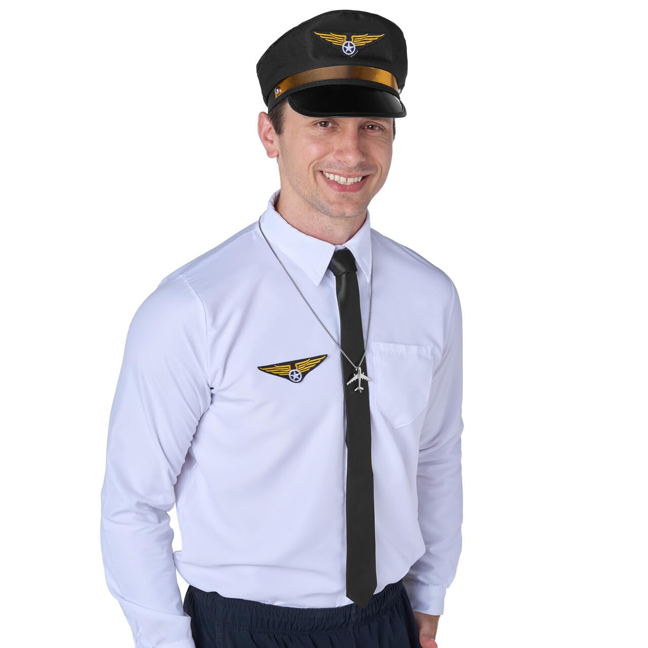 Joyfy 5 Pcs Halloween Pilot Captain Costume Accessories Set with Aviator Sunglasses,Tie,Pilot Hat,Wings Patch and Necklace,Cosplay Accessories for Kids and Adults Dress Up