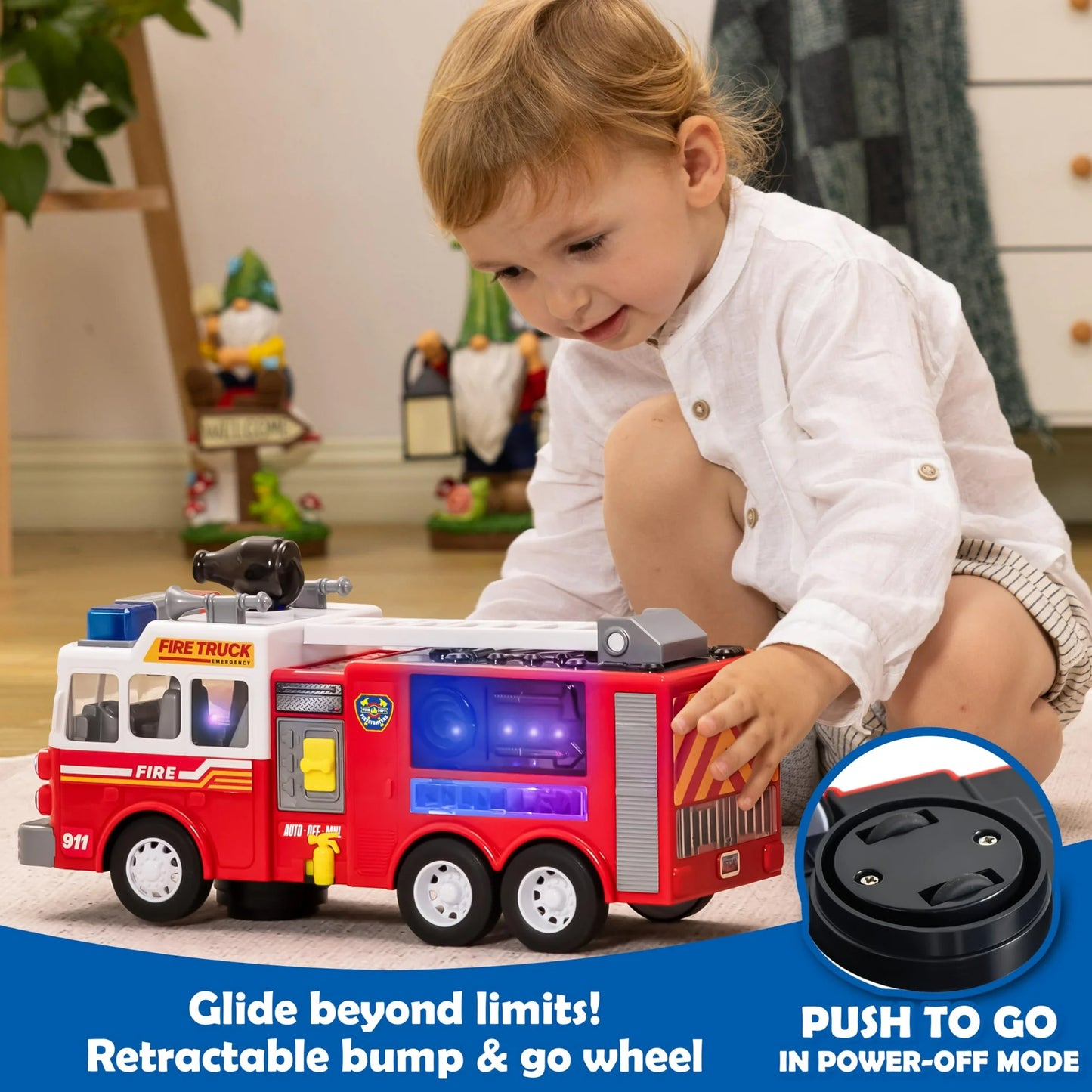 SYNCFUN Fire Truck Toy, Bump and Go Fire Engine Trucks with LED Projections & Sirens, Boys & Girls Firetruck for Kids Birthday