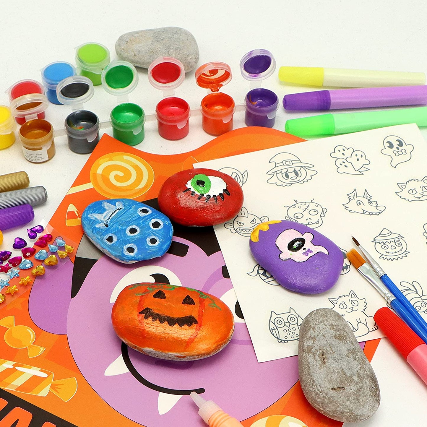 12 Halloween Rock Painting Kit, Glow in the Dark Rock Painting with 12 Paint Tubs for Kids Unisex