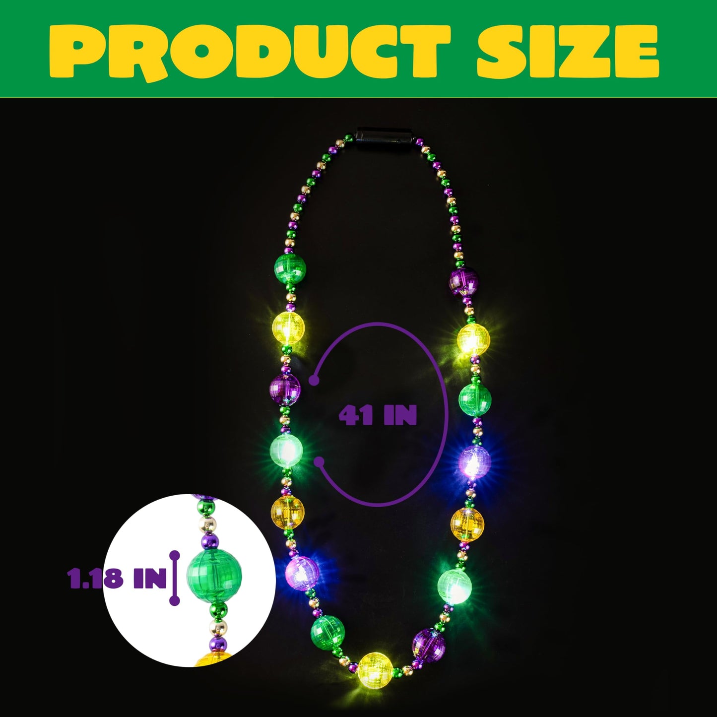 41 inch LED Carnival Giant Bead Necklace, Gold Green Purple Luminous Necklace