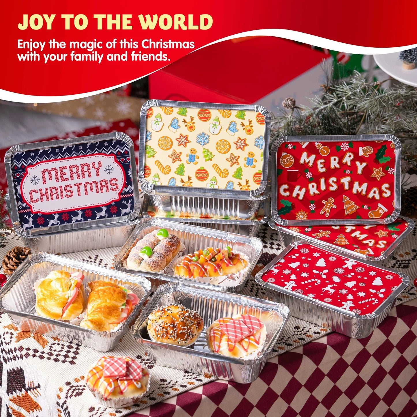 SYNCFUN 48 Pcs Christmas Foil Containers with Lid, Aluminum Foil Pans with Lids, 7"x5"x2" Disposable Foil Pans with Covers, Food Containers Great for Baking, Cooking, Heating, Storing, Prepping Food